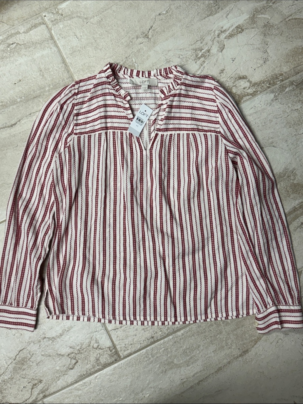 LOFT Cream and Red Striped Split-Neck Peasant Top